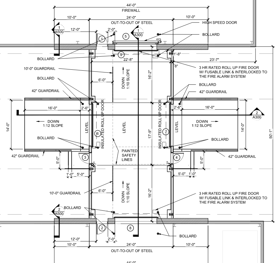Technical architectural CAD drawing showing detailed floor plan with dimensions, fire doors, guardrails, bollards, and slope annotations